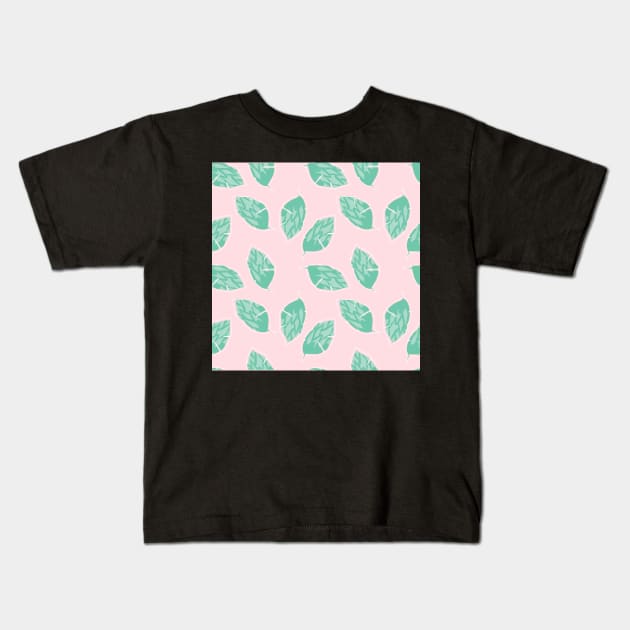 Pale Pink background and Green Leaves Pattern Kids T-Shirt by CONCEPTDVS